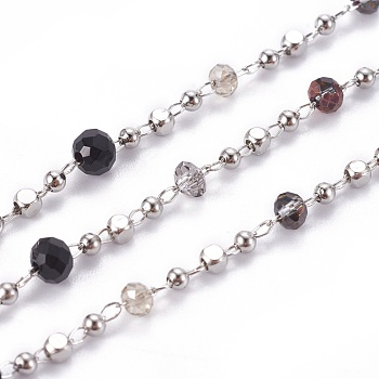 Handmade Glass Beaded Chains, Soldered, with Brass Chains and Beads, Long-Lasting Plated, with Spool, Faceted Rondelle, Real Platinum Plated, Black, 1.5x1.5x1.5mm, about 32.8 Feet(10m)/roll
