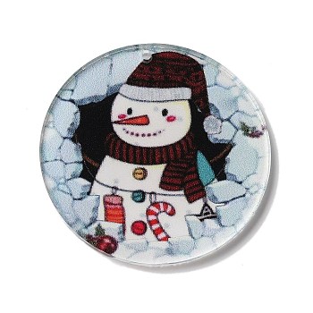 Printed Flat Round Christmas Themed Acrylic Pendants, Snowman, 40x1.6mm, Hole: 2mm