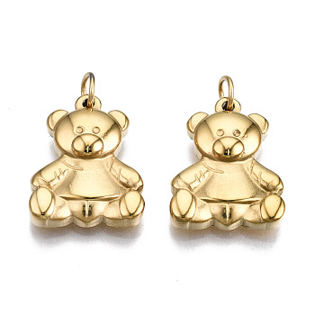 304 Stainless Steel Pendants, with Jump Rings, Bear, Real 14K Gold Plated, 17.5x14x4mm, Jump Ring: 5x0.7mm, 3.6mm inner diameter