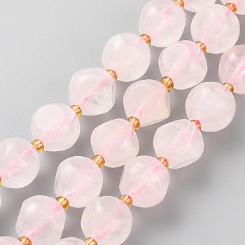 Natural Madagascar Rose Quartz Beads Strands, with Seed Beads, Six Sided Celestial Dice, Faceted, 10~10.5x10~10.5mm, Hole: 1mm, about 17pcs/strand, 7.99 inch(20.3cm)
