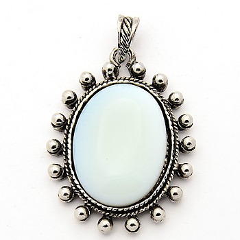 Opalite Pendants, with Antique Silver Alloy Pendant Settings, Oval, 47x35x10mm, Hole: 5x8mm