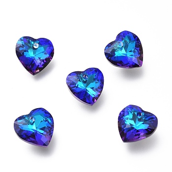Glass Rhinestone Pendants, Back Plated, Faceted, Heart, Bermuda Blue, 8x8x4mm, Hole: 1mm