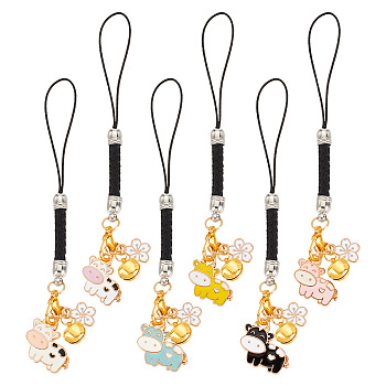 Cow & Flower Alloy Enamel Pendant Decoration, with Nylon Cord Loops and Iron Bell Charms, Mixed Color, 105mm, 6 colors, 1pc/color, 6pcs/set