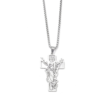 201 Stainless Steel Pendant Necklaces for Man, Cross, Stainless Steel Color, 23.74 inch(60.3cm), Cross: 44.5x27x1.3mm