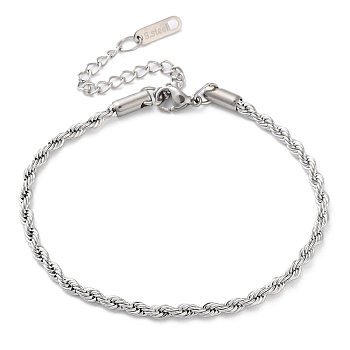 Non-Tarnish 304 Stainless Steel Rope Chain Bracelets for Women, Stainless Steel Color, 7-1/2 inch(19cm), 3mm