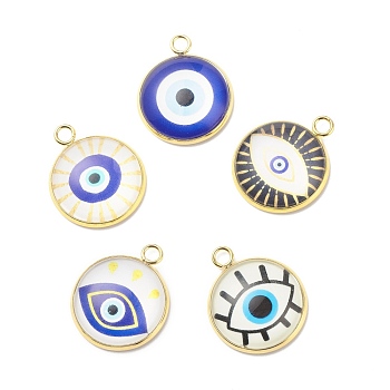 Luminous Glass Pendants, with 304 Stainless Steel Findings, Flat Round with Evil Eye Pattern, Golden, 24.5x21.5x6.5mm, Hole: 1.6mm