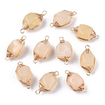 Natural Agate Links Connectors, Light Gold Tone Brass Wire Wrapped, Cube, Blanched Almond, 17x8.5x7mm, Hole: 1.6mm