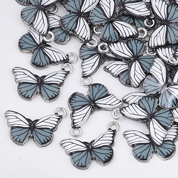 Printed Alloy Pendants, with Enamel, Butterfly, Platinum, White, 13x20x2mm, Hole: 1.6mm