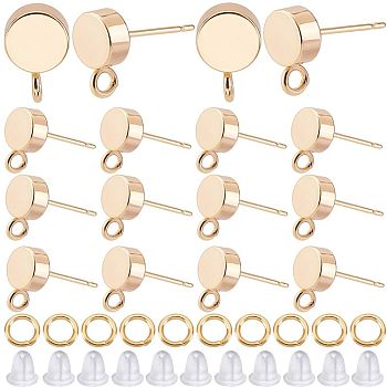 20Pcs Brass Stud Earring Findings, with Vertical Loops, Flat Round, Nickel Free, with 20Pcs Jump Rings & 50Pcs Plastic Ear Nuts, Real 18K Gold Plated, 9x6mm, Hole: 1.8mm, Pin: 0.8mm