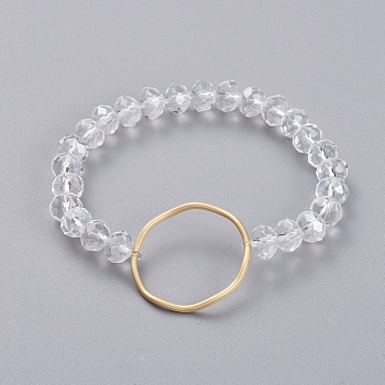 Faceted Rondelle Glass Beads Stretch Bracelets, with Matte Gold Plated Alloy Linking Ring, Clear, 2-1/8 inch(5.5cm)