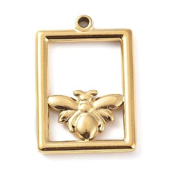 304 Stainless Steel Pendants, Rectangle with Bees, Golden, 29.5x20.5x2.5mm, Hole: 1.8mm