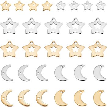 80Pcs 8 Style 304/201 Stainless Steel Charms, Star & Moon, Golden & Stainless Steel Color, 5.5~11.5x6~11x0.5~1mm, hole: 1~2mm, 10pcs/style