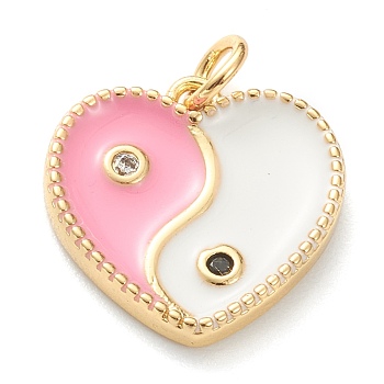 Brass Micro Pave Cubic Zirconia Pendants, with Enamel, Long-Lasting Plated, Real 18K Gold Plated, Heart with Yin Yang, Pink, 15x15x2.5mm, Hole: 3mm