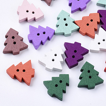 2-Hole Spray Painted Wooden Buttons, Christmas Tree, Mixed Color, 18x17x4mm, Hole: 1.5mm