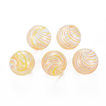 Transparent Handmade Blown Glass Globe Beads, Stripe Pattern, Round, Light Salmon, 14~16.5mm, Hole: 1~2mm