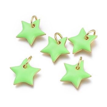 Brass Pendants, with Enamel and Jump Rings, Star, Real 18K Gold Plated, Light Green, 15x16x3mm, Hole: 5mm