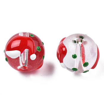 Transparent Glass Enamel Beads, Round with Chirismas Hat, Red, 13~14x12x11mm, Hole: 1.6mm