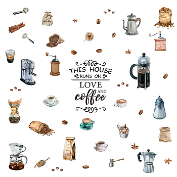PVC Wall Stickers, for Wall Decoration, Coffee Supplies Pattern & Word, Mixed Color, 290x900mm, 2sheets/set