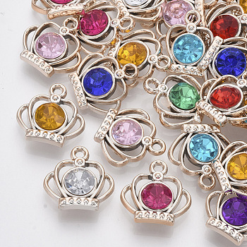 UV Plating ABS Plastic Pendants, with Acrylic Rhinestone, Faceted, Crown, Light Gold, Mixed Color, 19x19x7mm, Hole: 2mm