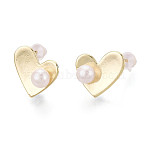 Brass & Natural Pearl Stud Earrings, Heart, Real 18K Gold Plated, 13x11mm(PEAR-N020-WX01)