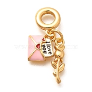 Brass Enamel Letter & Rose Flower European Dangle Charms, Large Hole Pendants, Real 18K Gold Plated, Pink, 32.5mm, Hole: 5mm(KK-U048-05G-01)