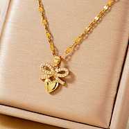 Simple and Elegant Brass Micro Pave Clear Cubic Zirconia Pendant Necklaces for Women, Golden, Bowknot with Heart, 15.75 inch(40cm)(XQ3447-1)