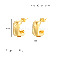 304 Stainless Steel Stud Earrings, Rectangle Half Hoop Earrings, Real 18K Gold Plated, 16x7mm(WI7669-1)