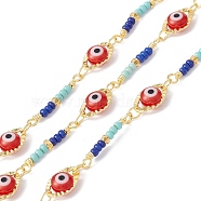 Handmade Eco-friendly Brass Horse Eye Link Chain, with Glass Evil Eye & Seed Beaded, Real 18K Gold Plated, Lead Free & Cadmium Free, Soldered, with Spool, Colorful, 10x6x4mm, 19x2mm(CHC-E025-10G)