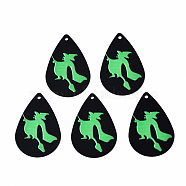 Spray Painted Iron Pendants, Rubberized Style, 3D Printed,  Halloween Witch Print Pattern, Teardrop, Lime Green, 27.5x18x0.5mm, Hole: 1.2mm(IFIN-T016-63B)