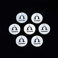 Natural Freshwater Shell Charms, Flat Round with Twelve Constellations, Hollow, Libra, 12x1.5mm, Hole: 0.9mm(SHEL-N027-10A)