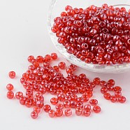 Round Glass Seed Beads, Trans. Colours Lustered, Red, Size: about 4mm in diameter, hole: 1.5mm, about 496pcs/50g(X-SEED-A006-4mm-105)