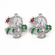Alloy Pendants, with Enamel and Rhinestone, Platinum, Flower with ladybird, Green, 34x28x7mm, Hole: 2mm(PALLOY-N153-11-RS)