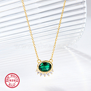 Green Cubic Zirconia Oval Pendant Necklaces, with 925 Sterling Silver Chains, Real 18K Gold Plated, 15.75 inch(40cm)(FU4780-1)
