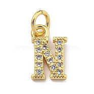 Initial Letter Brass with Cubic Zirconia Charms, Real 18K Gold Plated, Long-Lasting Plated, Lead Free & Cadmium Free, Letter N, 11x6.5x1.5mm, ring: 5x1mm, inner diameter: 3mm(KK-Q814-26N-G)