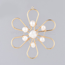 Natural Cultured Freshwater Pearl Pendants, Wire Wrapped Pendants, with Alloy Findings, Flower, Golden, 61x51x9.5mm, Hole: 1.8mm(PALLOY-JF00402)