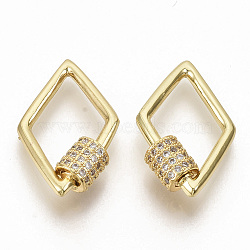 Brass Micro Pave Clear Cubic Zirconia Screw Carabiner Lock Charms, for Necklaces Making, Rhombus, Real 16K Gold Plated, 25.5x15.5x2mm, screw clasp: 6.5x6mm(ZIRC-S066-006)