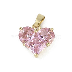 Rarl 18K Gold Plated Brass Micro Pave Cubic Zirconia Charms, Heart, Pink, 14.5x14x5.5mm, Hole: 3x5mm(KK-Z078-31G-01)