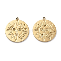 PVD Vacuum Plating 304 Stainless Steel Pendants, Flat Round with Sun Charm, Real 18K Gold Plated, 22.5x20x1mm, Hole: 1.5mm(STAS-R130-42G)