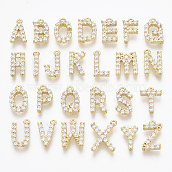 Brass Micro Pave Cubic Zirconia Charms, Nickel Free, Alphabet, Clear, Real 18K Gold Plated, Letter A~Z, 11~14x7~11.5x2.5mm, Hole: 1.2mm(KK-T060-05-G-NF)