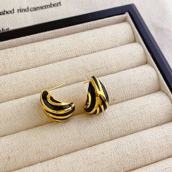 Brass Enamel Stud Earrings, Zebra-Stripe Style, Real 18K Gold Plated, Teardrop, 19x12mm(EJEW-B120-02G-03)