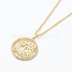 Brass Micro Pave Clear Cubic Zirconia Pendant Necklaces, Flat Round with Letter, Real 18K Gold Plated, Letter.T, 16.14~17.20 inch(41~43.7cm)(NJEW-J059-01T)