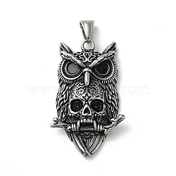 304 Stainless Steel Big Pendants, Owl with Skull Charms, Antique Silver, 51.5x32x11mm, Hole: 9x5mm.(STAS-L223-08AS)