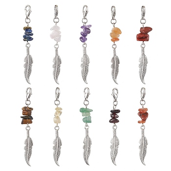 Alloy Feather Pendant Decoraton, Natural Gemstone Chips & Lobster Claw Clasps Charms, for Backpack Keychain Ornaments, Antique Silver & Platinum, 60~65mm, 10pcs/set