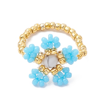 Round Seed Beads with Gemstone Beads Rings, Flower, Light Sky Blue, Inner Diameter: 27mm