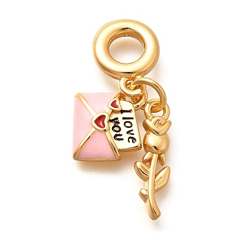 Brass Enamel Letter & Rose Flower European Dangle Charms, Large Hole Pendants, Real 18K Gold Plated, Pink, 32.5mm, Hole: 5mm