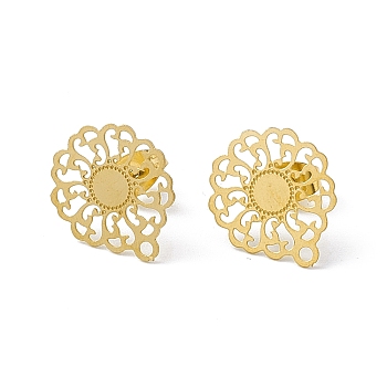 304 Stainless Steel Stud Earrings Finding, Hollow Flower, with Horizontal Loop, Golden, 16x14mm, Hole: 1.2mm, Pin: 0.85mm