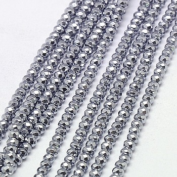 Electroplate Non-magnetic Synthetic Hematite Beads Strands, Faceted, Rondelle, Grade A, Platinum Plated, 3x2mm, Hole: 1mm, about 200pcs/strand, 16 inch