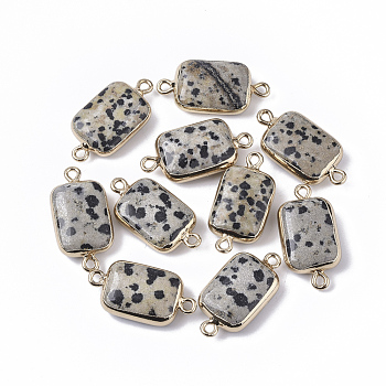 Edge Golden Plated Natural Dalmatian Jasper Links connectors, with Golden Tone Iron Loops, Rectangle, 26~27x13.5x6~7mm, Hole: 1.6~1.8mm
