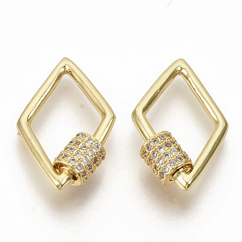 Brass Micro Pave Clear Cubic Zirconia Screw Carabiner Lock Charms, for Necklaces Making, Rhombus, Real 16K Gold Plated, 25.5x15.5x2mm, screw clasp: 6.5x6mm