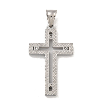 304 Stainless Steel Pendants, with Crystal Rhinestones, Cross Charm, Stainless Steel Color, 42x25x3mm, Hole: 7x5mm